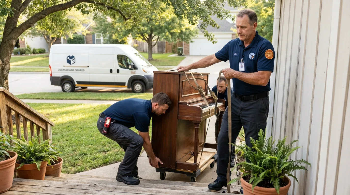Licensed piano movers securing grand piano in Oak Park, IL