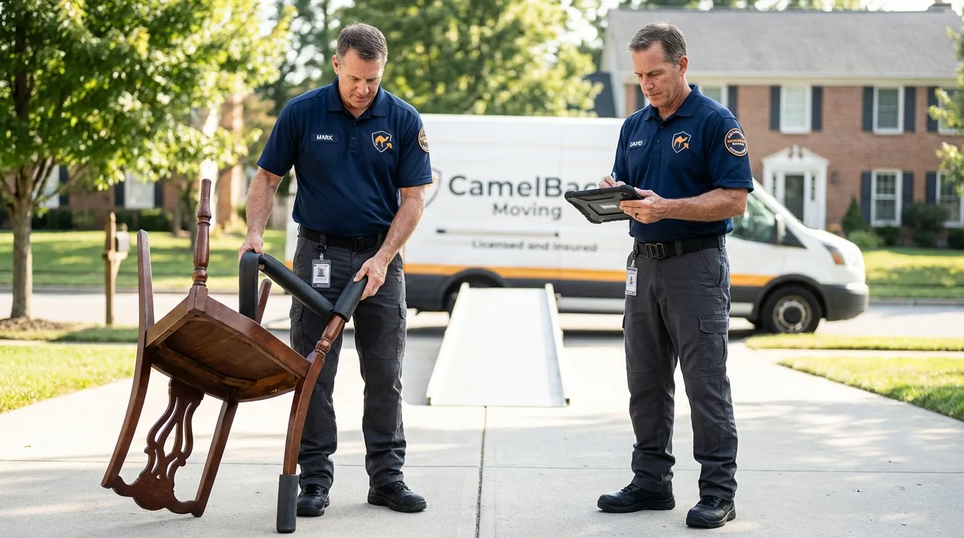 Movers inspecting furniture for damage prevention before loading in Oak Park, IL